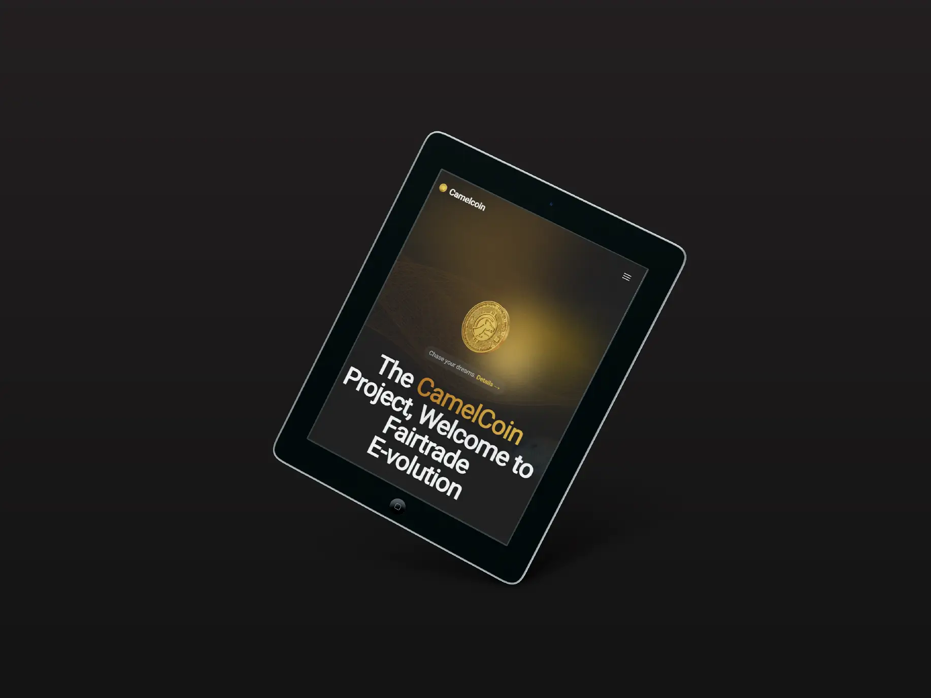ipad screen show for the website of camelcoin groundbreaking cryptocurrency project