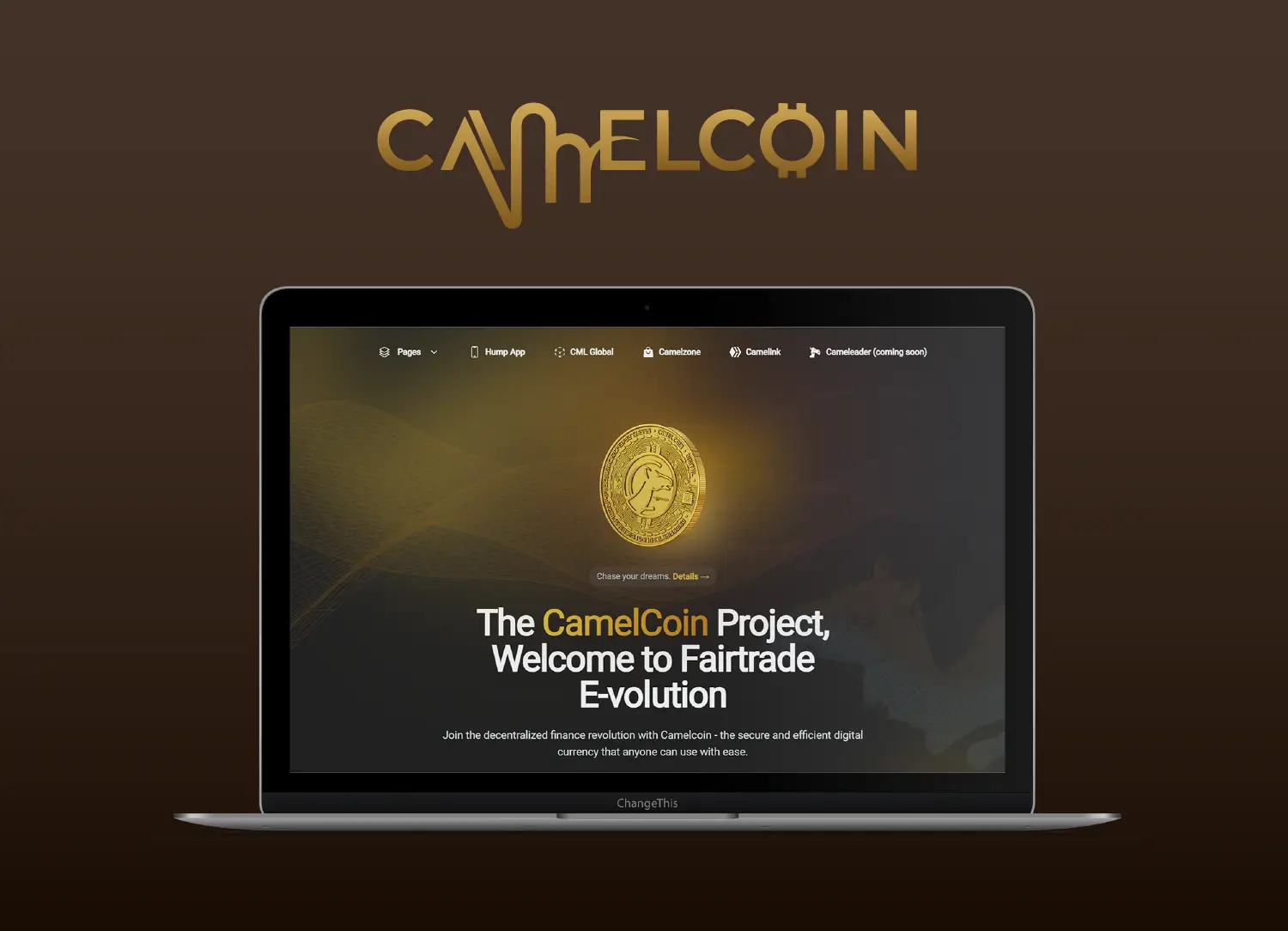 laptop screen show for the website of camelcoin groundbreaking cryptocurrency project